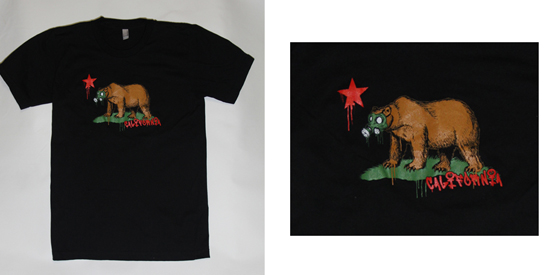 california bear gas mask screen print on a black shirt by Spectrum Apparel Printing