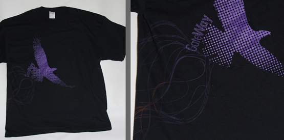 wrap around screen print on a black shirt, printed at specrm apparel printing